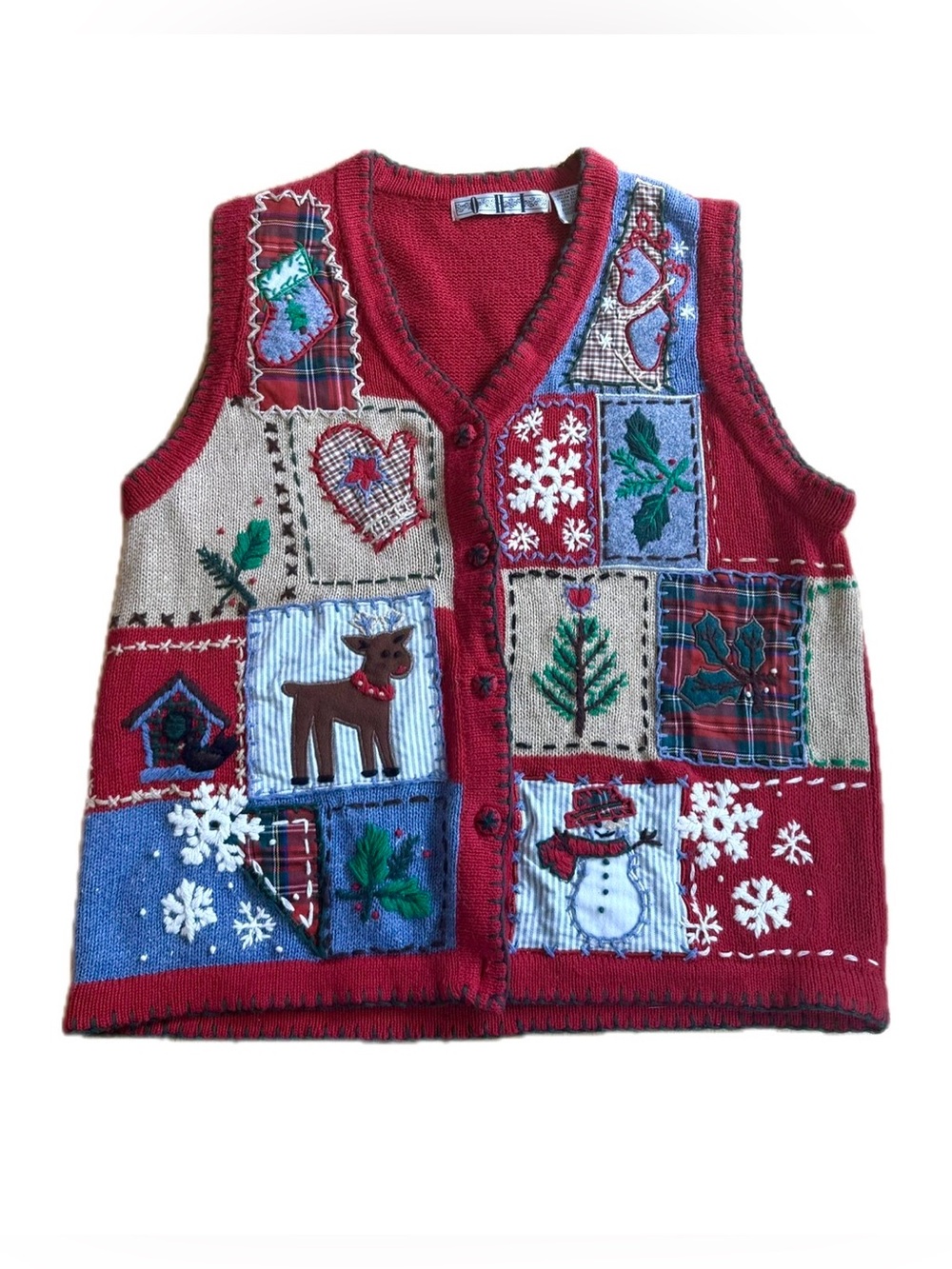 Vintage OHI Christmas Sweater Vest Red Patchwork, Embroidered, Beaded Size M